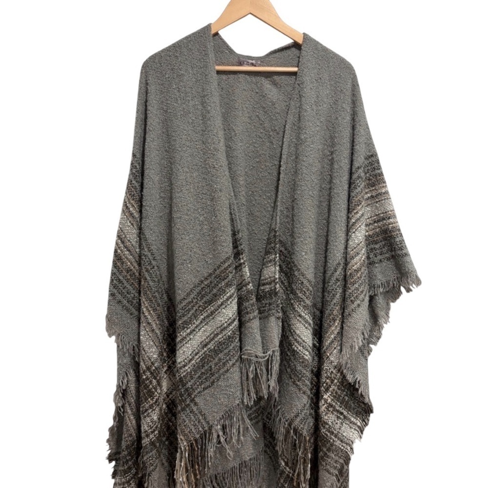 2/$25 Cherie Bliss Open-Front Draped Grey Striped Knit Fringe Poncho Wrap - Picture 1 of 4